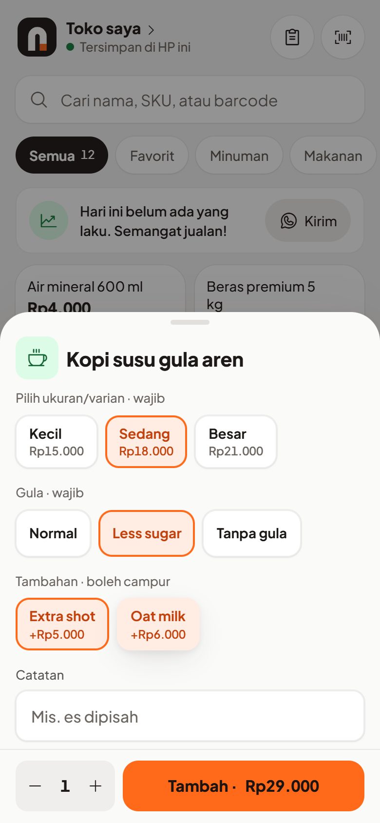 Memilih ukuran, gula, dan dua topping sekaligus