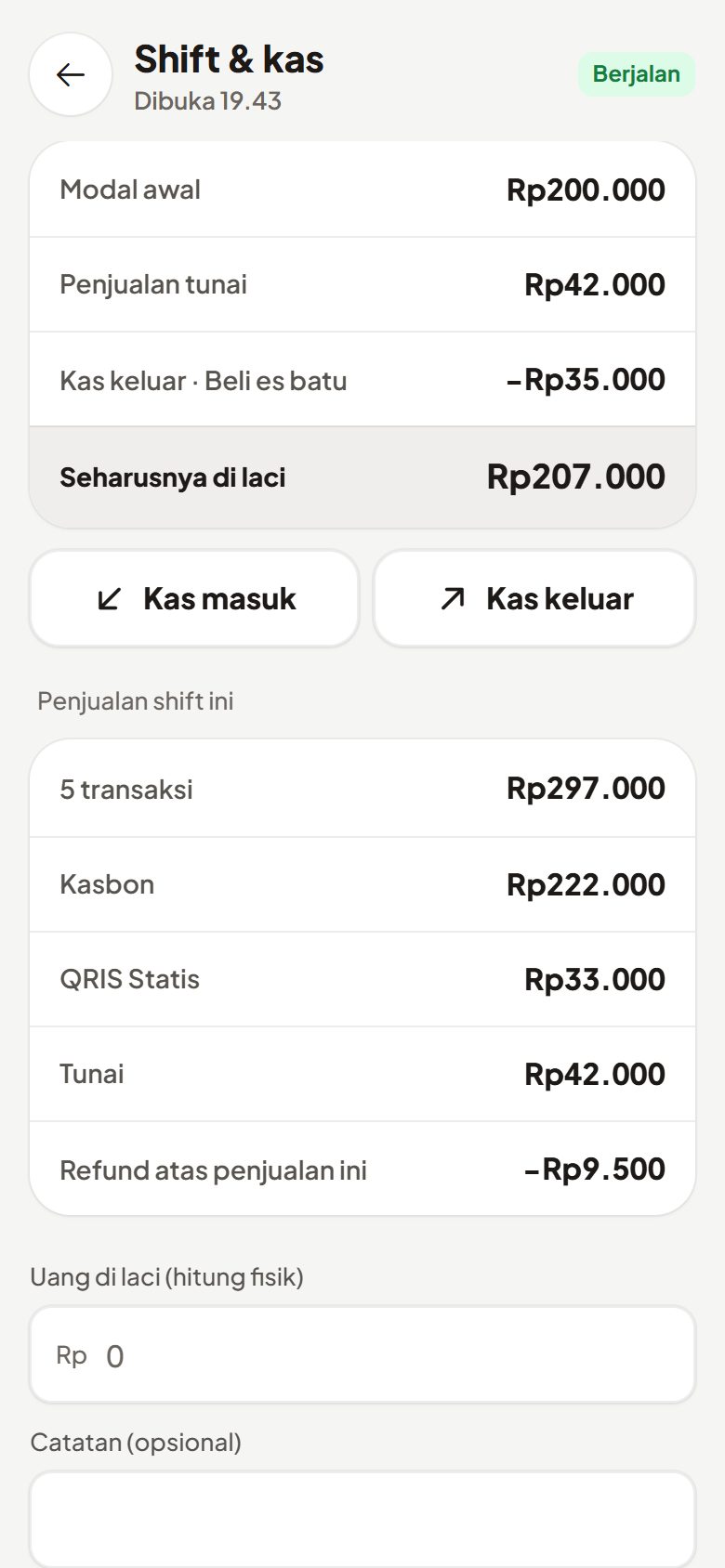 Layar shift dengan modal awal, kas keluar, dan uang seharusnya di laci